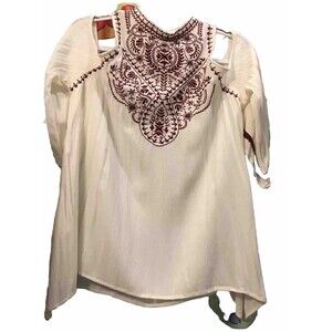 Eyeshadow Clothing Womens Open Shoulder Embroider XL Pristine Beige Top Boho Rad